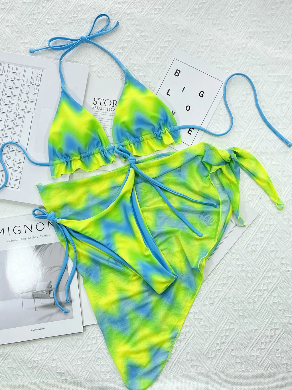 Green tie-dyed women's bikini swimsuit with removable outer skirt for swimming