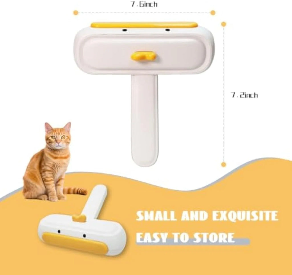 Portable pet hair remover with yellow duck design and removable lid on a fabric sofa.