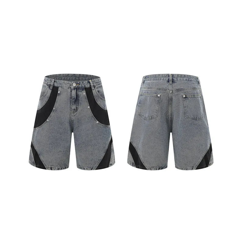 Retro washed denim suit for men with short sleeve shirt and matching trousers in blue.