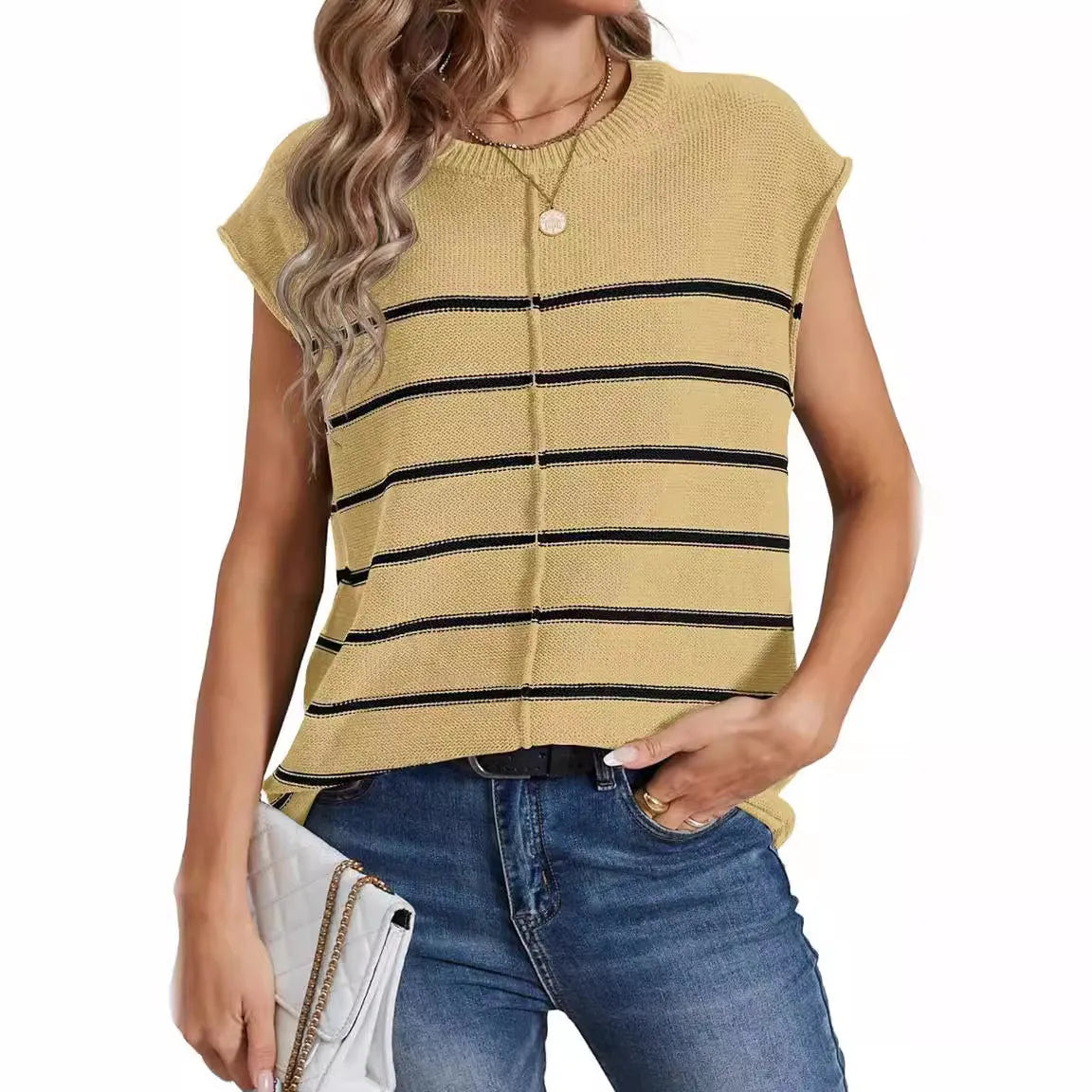 Women's striped sleeveless pullover top in acrylic fabric with bone stitching detail.