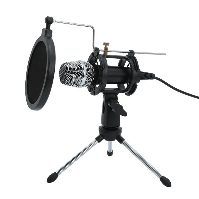 Black mini condenser microphone with aluminium stand and USB/3.5mm cables for live streaming