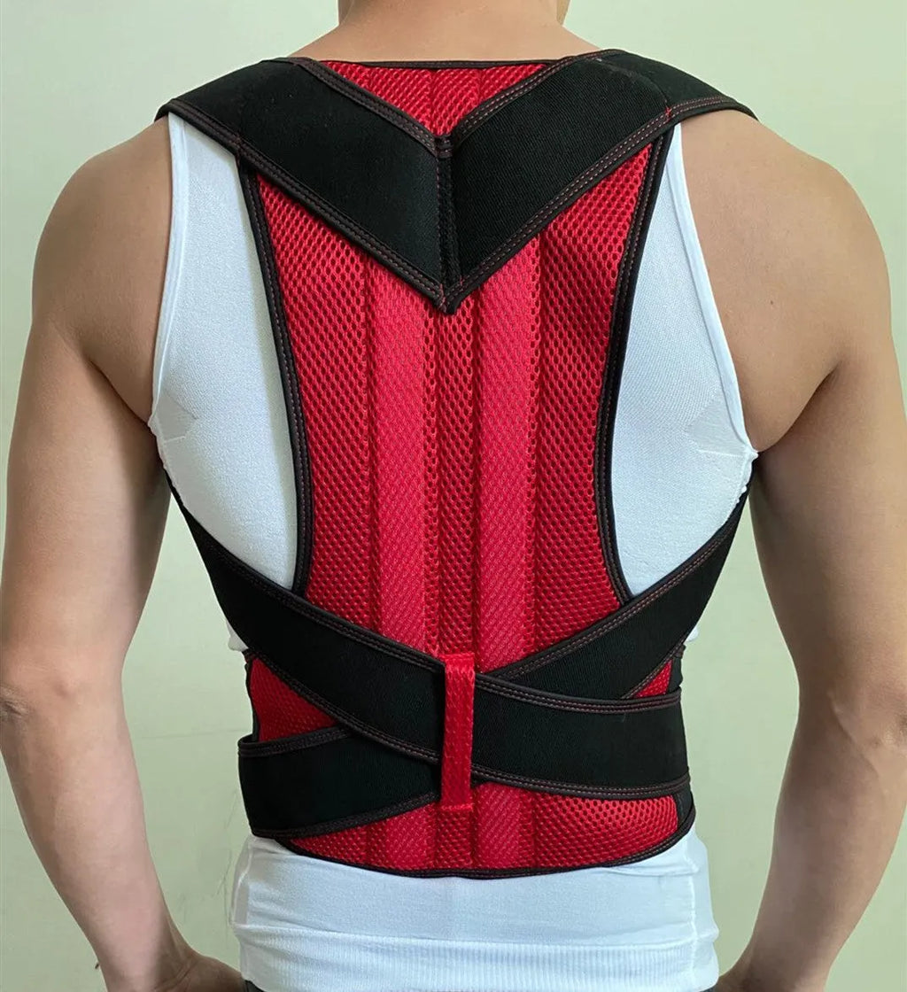 Adjustable spandex Lycra back fixation belt for posture correction in red, blue, and black, sizes S to 5XL
