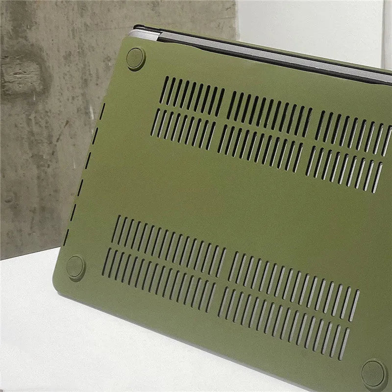 Army green quicksand hard plastic MacBook protective shell for Apple MacBook Pro and Air models.