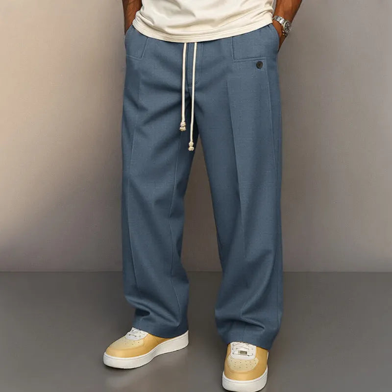 Casual straight leg drawstring pants in solid colour, polyester blend fabric, leisure wear