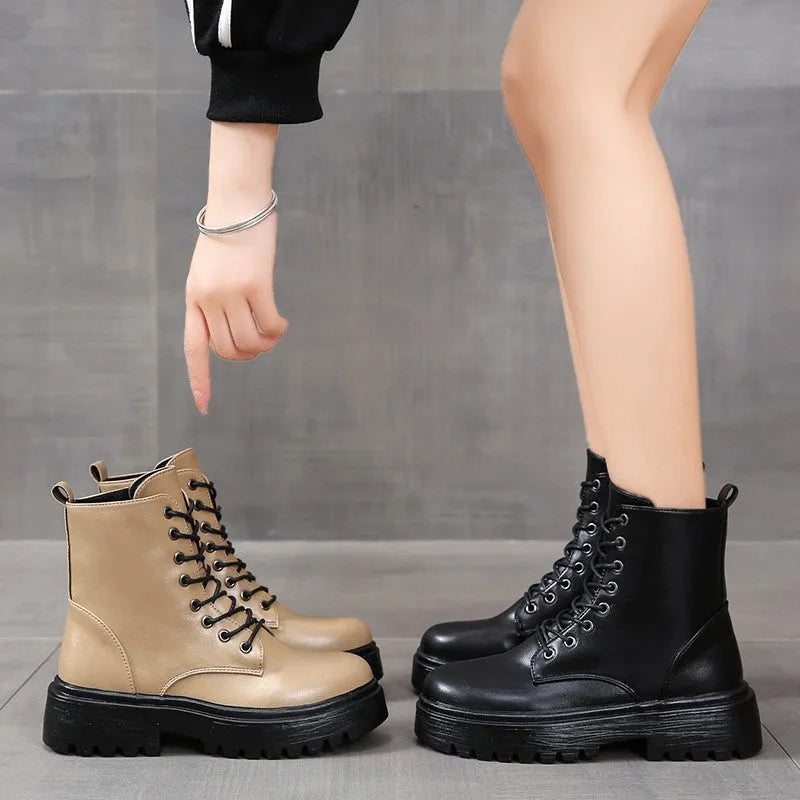 Women's platform lace-up boots in khaki with chunky heel, round toe, and mid-calf shaft