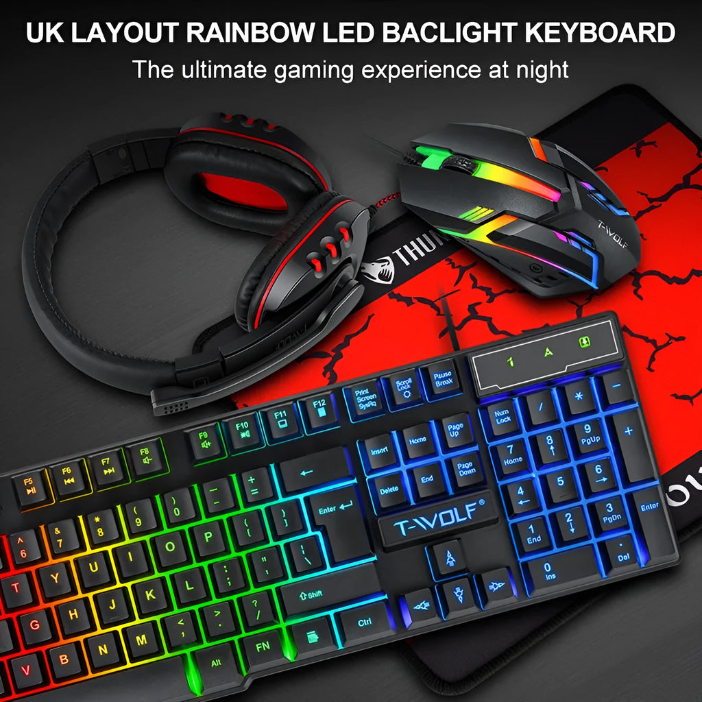 Thunder Wolf gaming keyboard mouse headset set with luminous backlight and large mouse pad