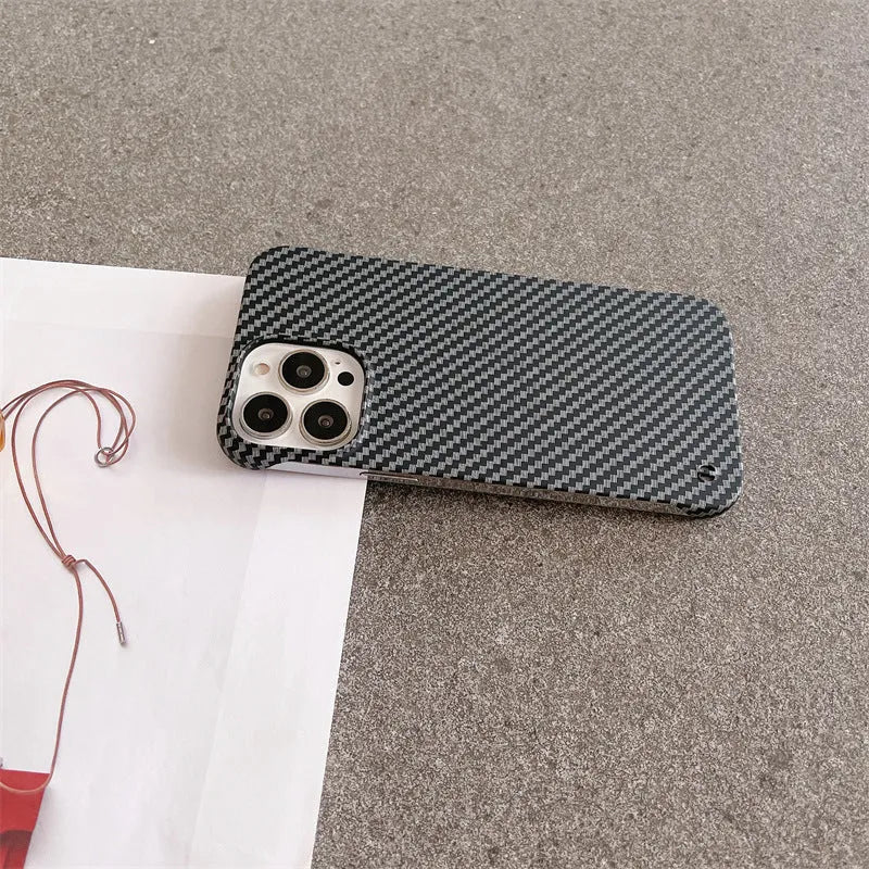 Frameless carbon fibre pattern hard shell phone case with bracket, plaid design, compatible with iPhone 12-16
