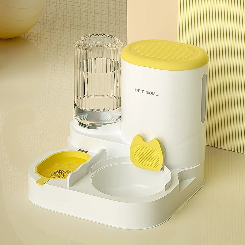 Automatic cat water fountain with two stainless steel food bowls attached, in avocado green colour.
