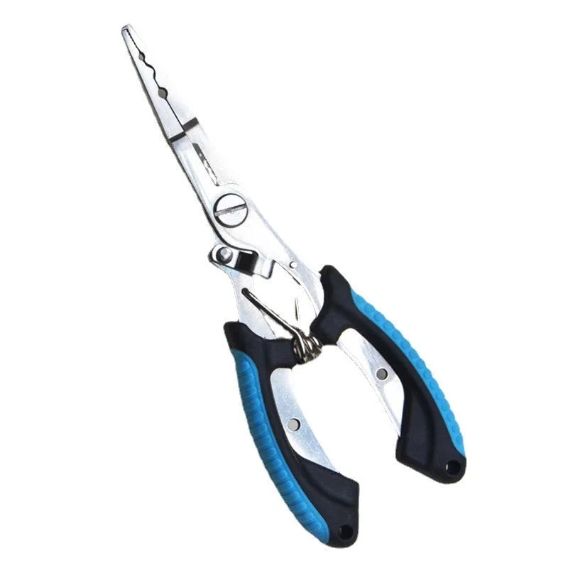 Medium-sized steel fishing pliers with coloured plastic handles and a nylon storage bag with strap.