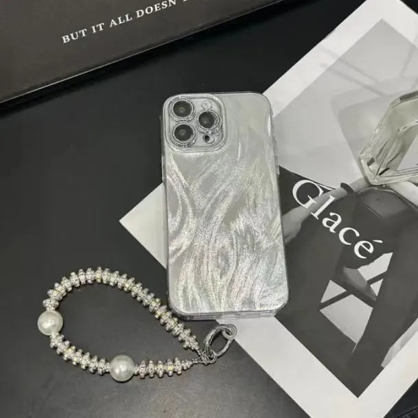 Yarn Simple phone case in silver grey with glitter lens protector for iPhone 13, shockproof all-inclusive design