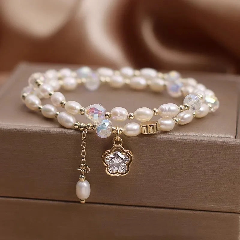 Pearl cherry blossom bracelet double-layer with flower pendant for women light luxury jewellery