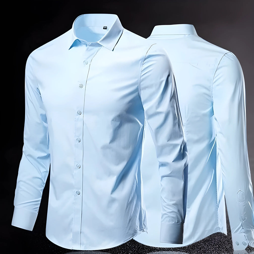 Men's slim-fit long sleeve linen shirt on a hanger, shown in a light grey colour.