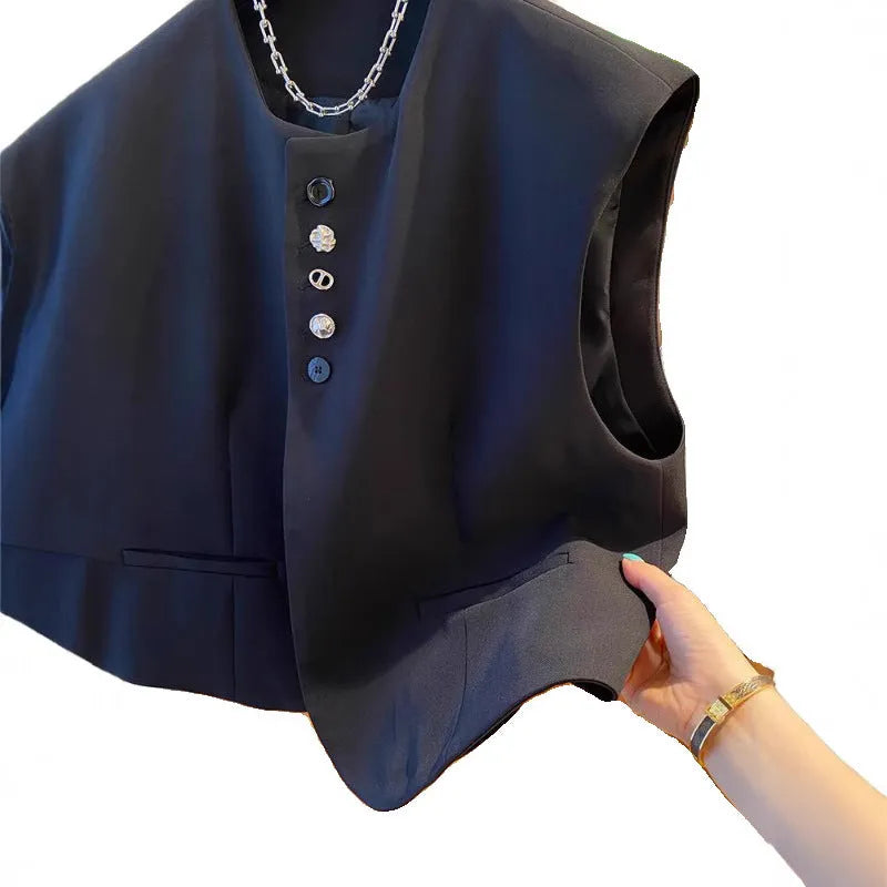 Loose-fitting waistcoat dress with pockets in solid colour polyester fabric