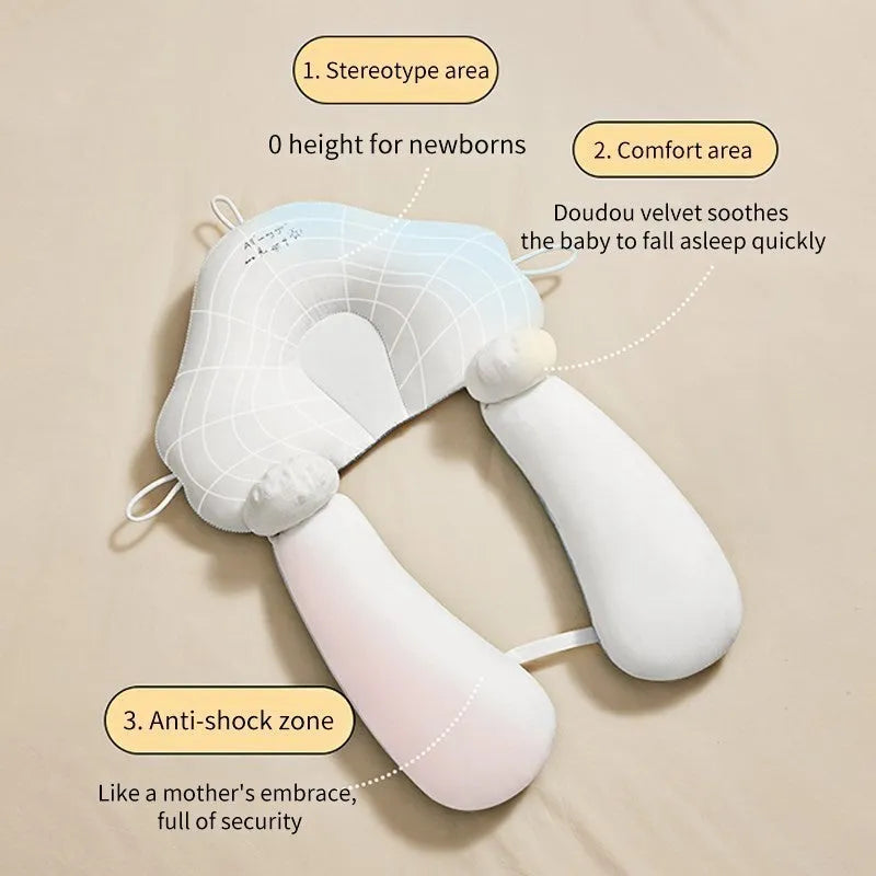 U-shaped baby head shaping pillow in pure cotton fabric with pearl cotton filler.