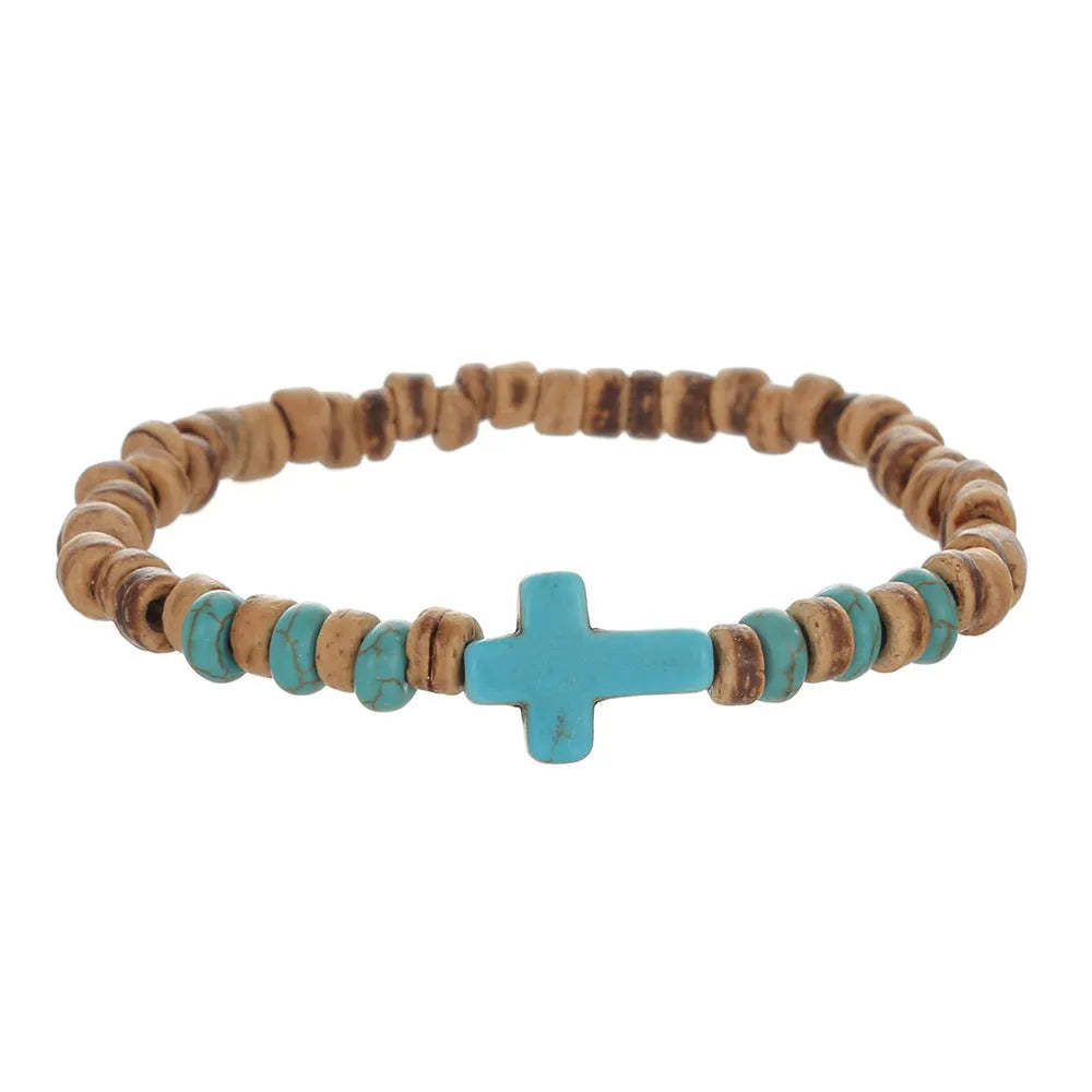 Hand-woven wood turquoise unisex bracelet with totem pattern