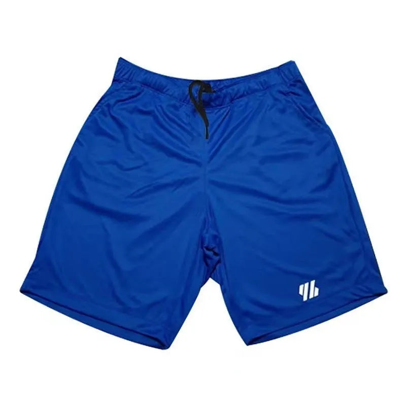 A pair of loose-fitting metal silk sports shorts in sapphire blue, laid flat to show the simple design and no-liner construction.