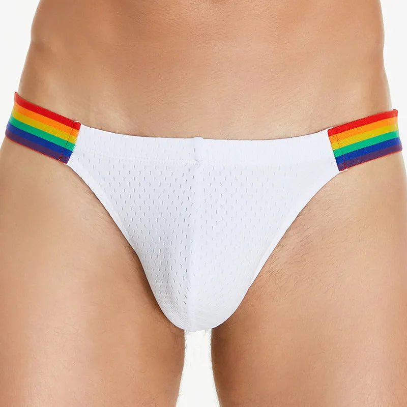 Men's solid colour low waist nylon mesh briefs on a white background