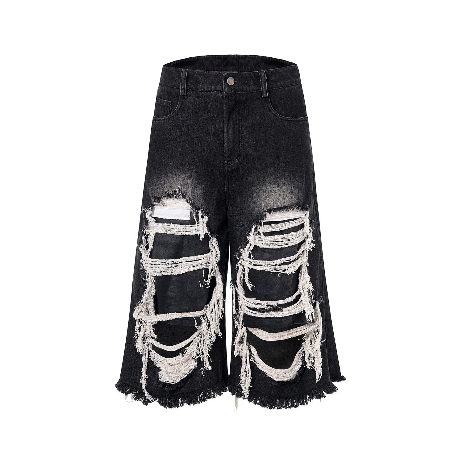 Black wide-leg cropped jeans with distressed patchwork detail and a mid-high waist.