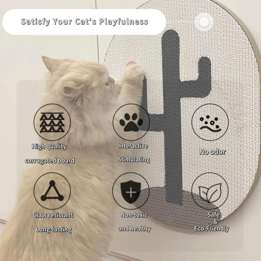 Wall-mounted corrugated cardboard cat scratcher pad with catnip on a white wall