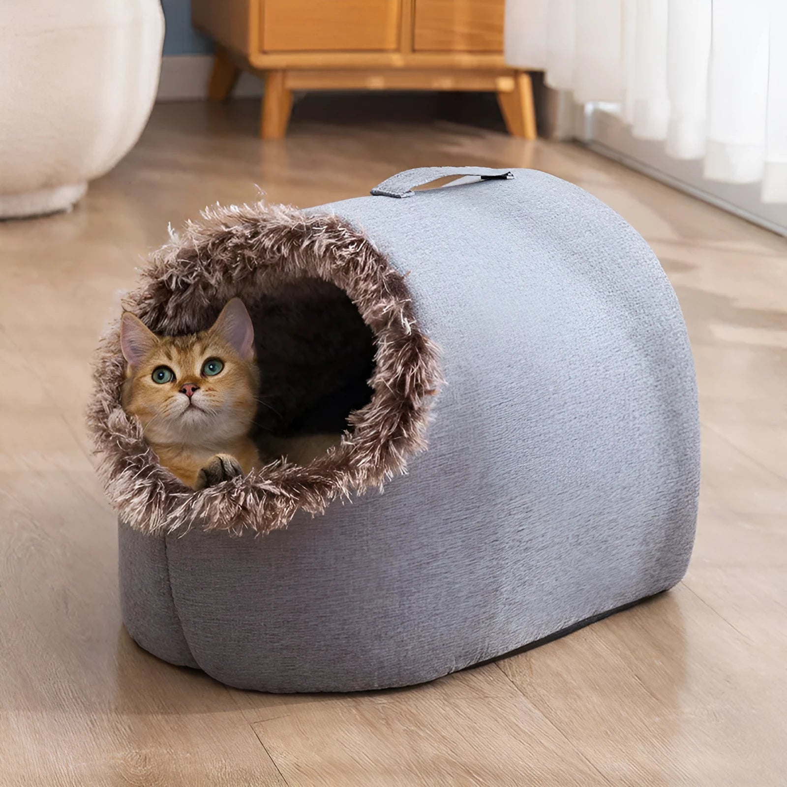 Grey fleece-lined closed cat sleeping bag nest measuring 50x40x34cm