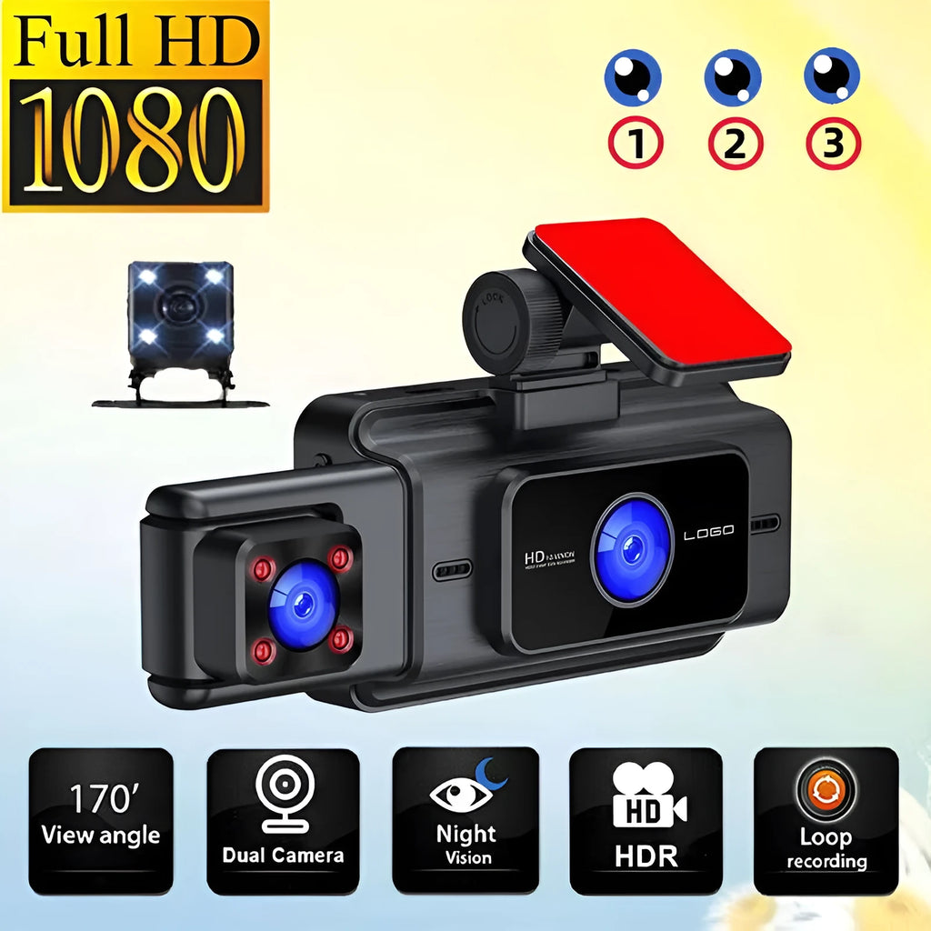 Black 3 lens driving recorder dash cam with 3 inch screen for front windshield mounting.