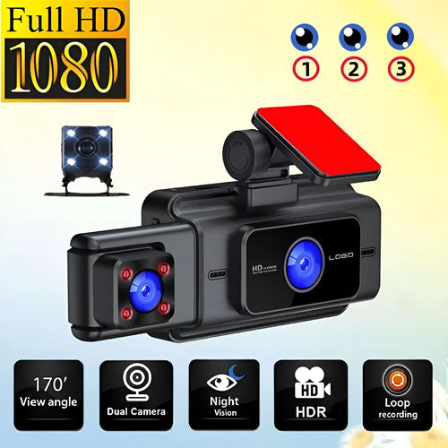 Black 3 lens driving recorder dash cam with 3 inch screen for front windshield mounting.