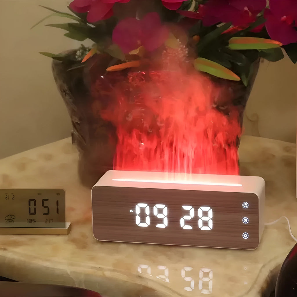 White flame humidifier with wood grain panel, clock and humidity display, UVC sterilisation, 280x85x95mm