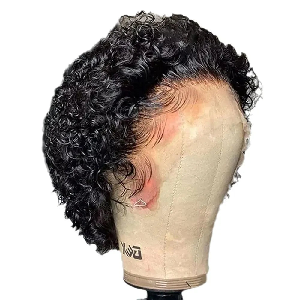Black lace front pixie cut wig made from 100% human hair in dark brown colour 13x1 on a mannequin head