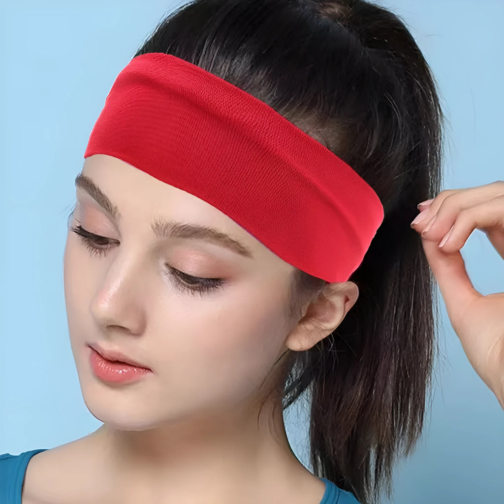 Wide solid colour sports headband with high elasticity and sweat-absorbing fabric, available in 12 colours