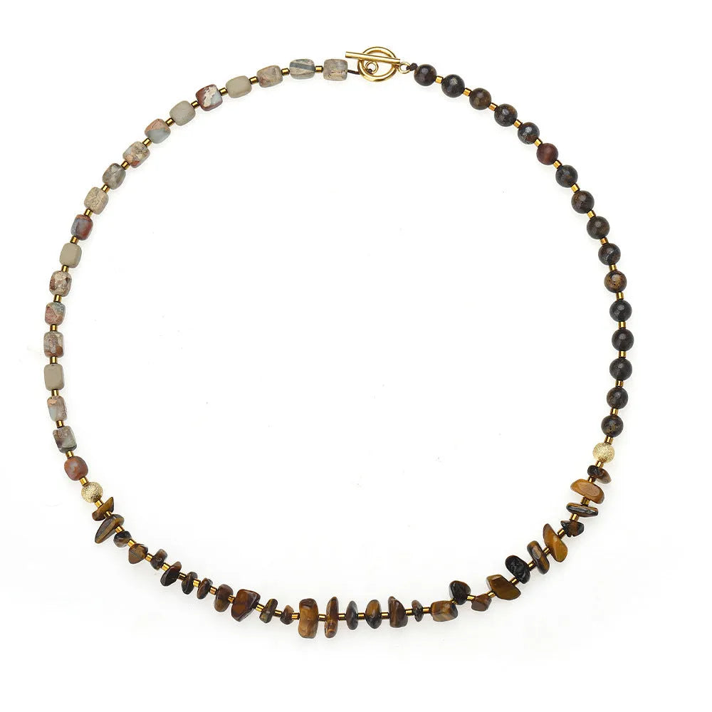 Handmade tigereye and bronze geometric bracelet with texture and hitch elements