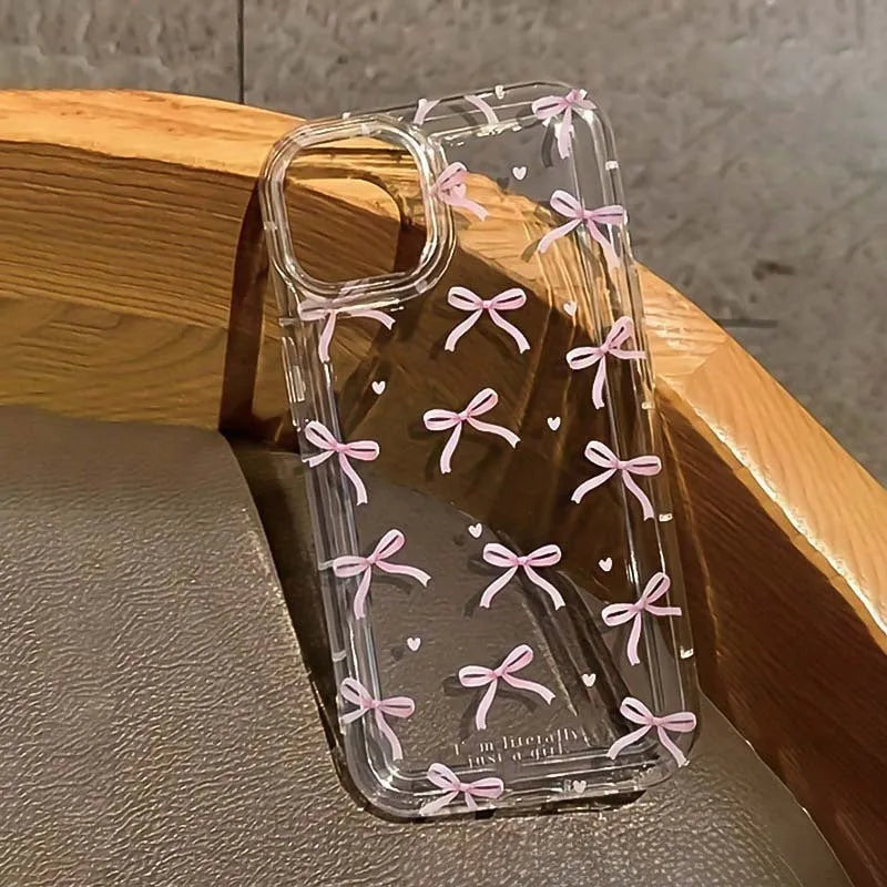 Transparent silicone phone case with bow design and airbag corners for iPhone drop protection