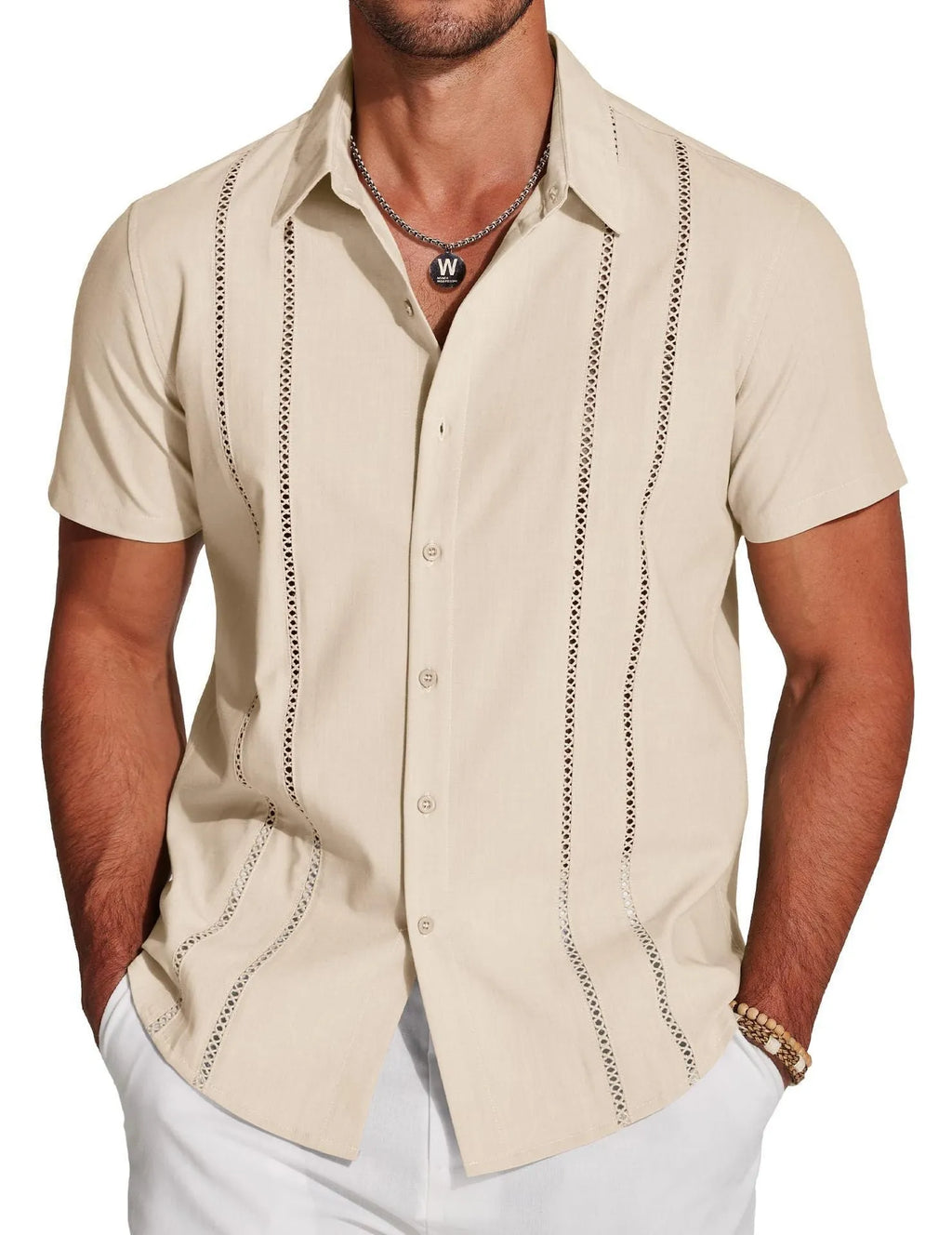 Men's slim fit Hawaiian short sleeve shirt with digital printed pattern on elastic polyester fabric