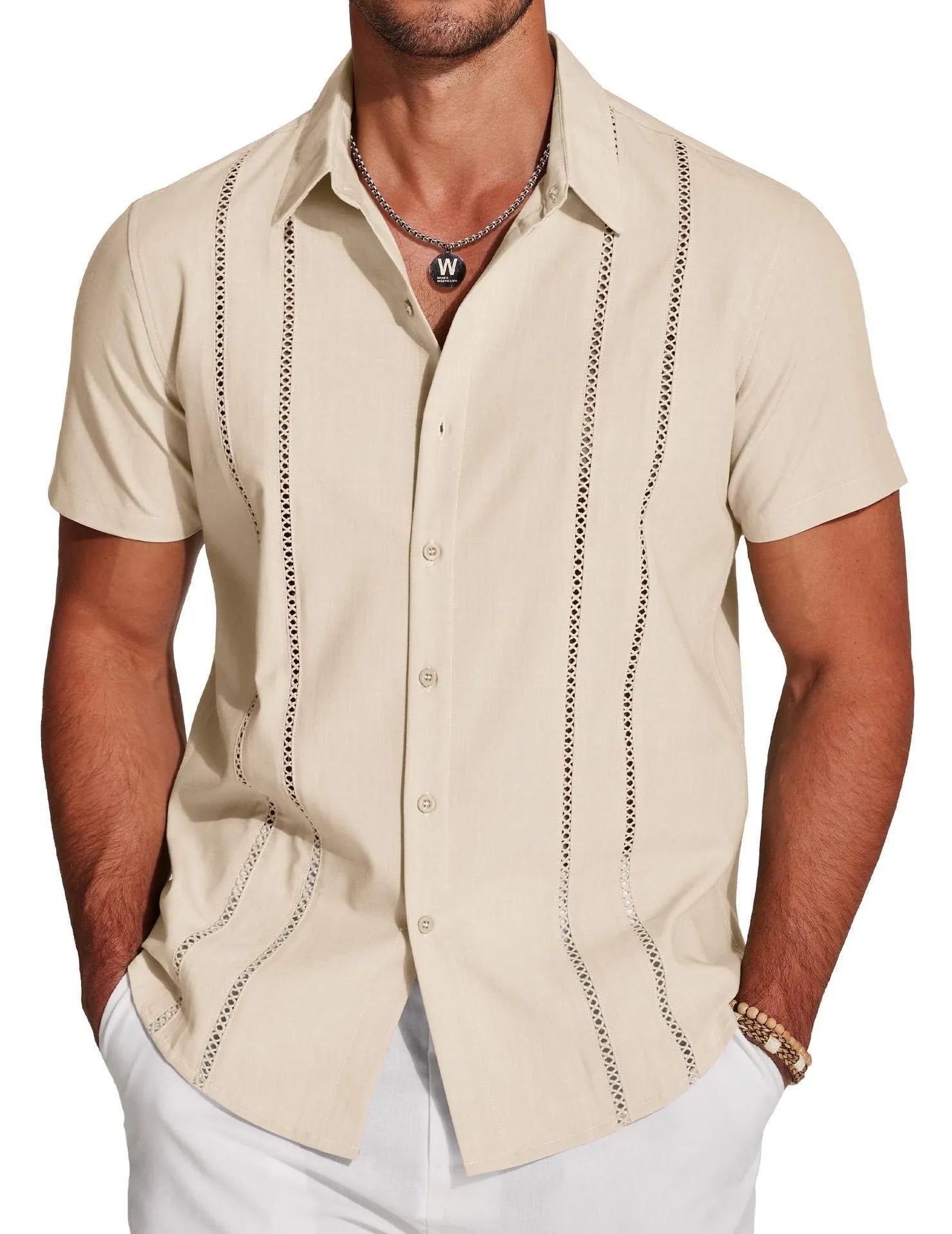 Men's slim fit Hawaiian short sleeve shirt with digital printed pattern on elastic polyester fabric