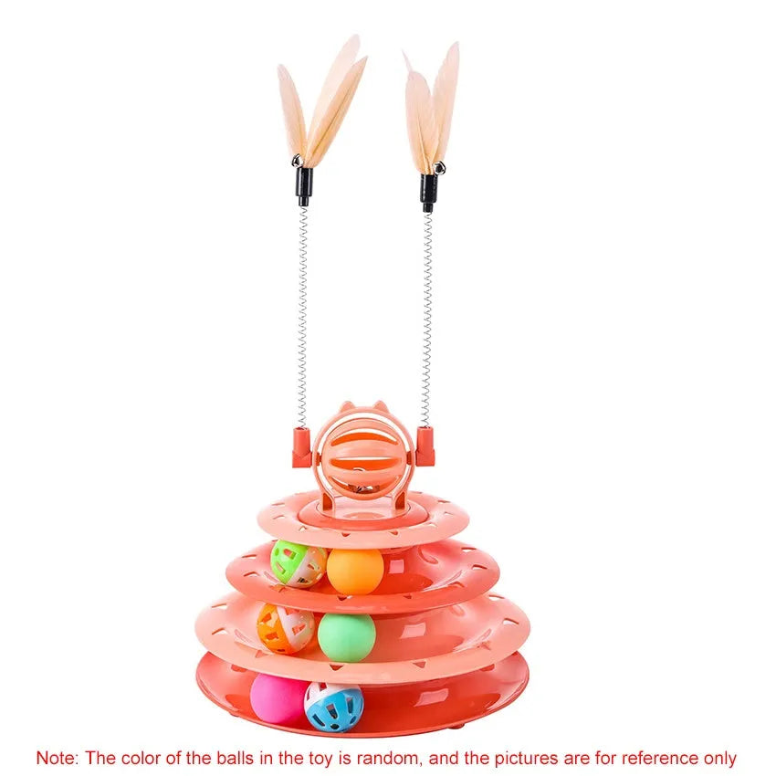 Blue four-tier interactive cat carousel toy with balls and teasing rods on a non-slip base.