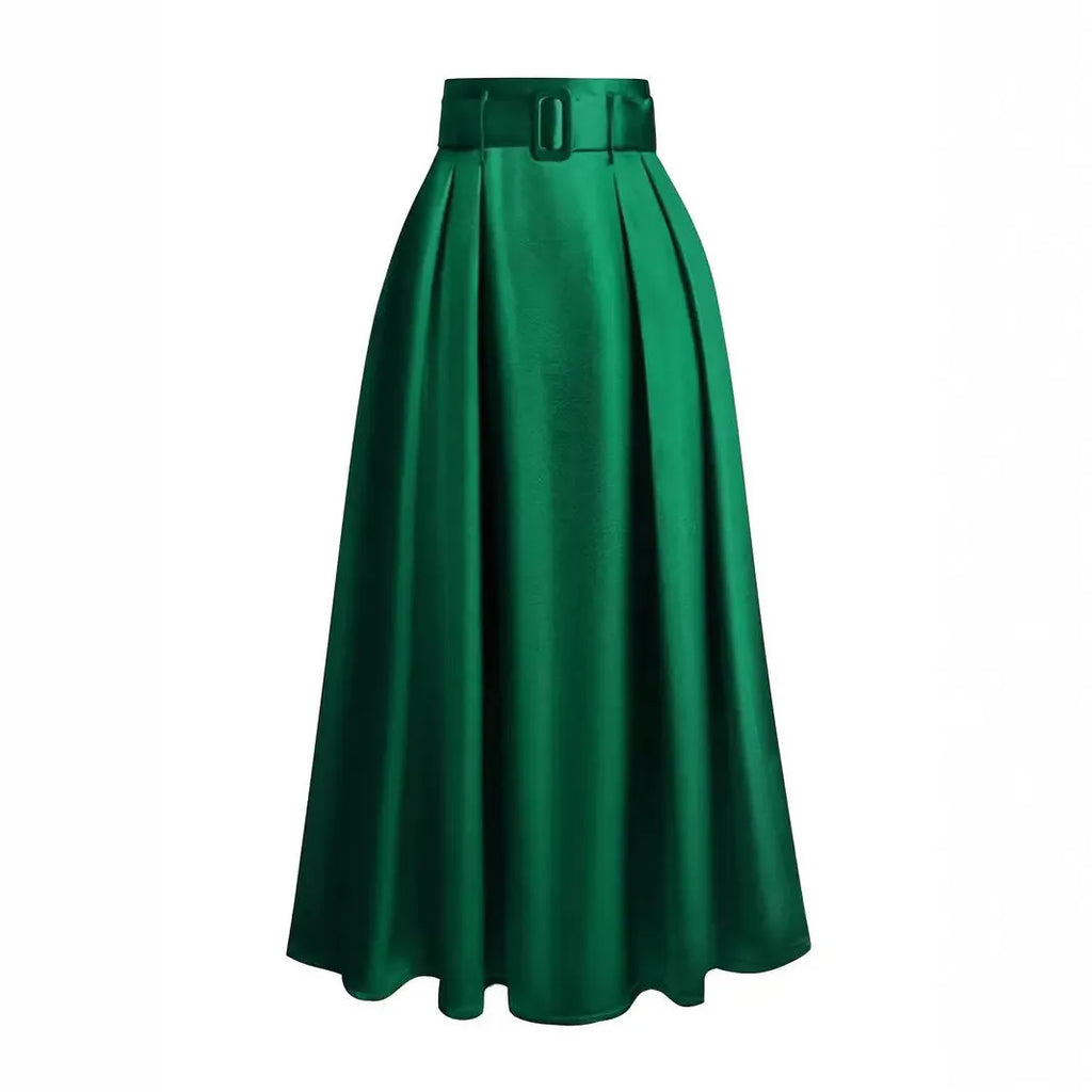 Women's high waist pure color satin skirt with lace-up detail in black, front view