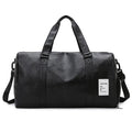 Black fitness shoulder messenger bag showing dry wet separation compartments, waterproof PU material, and adjustable shoulder strap