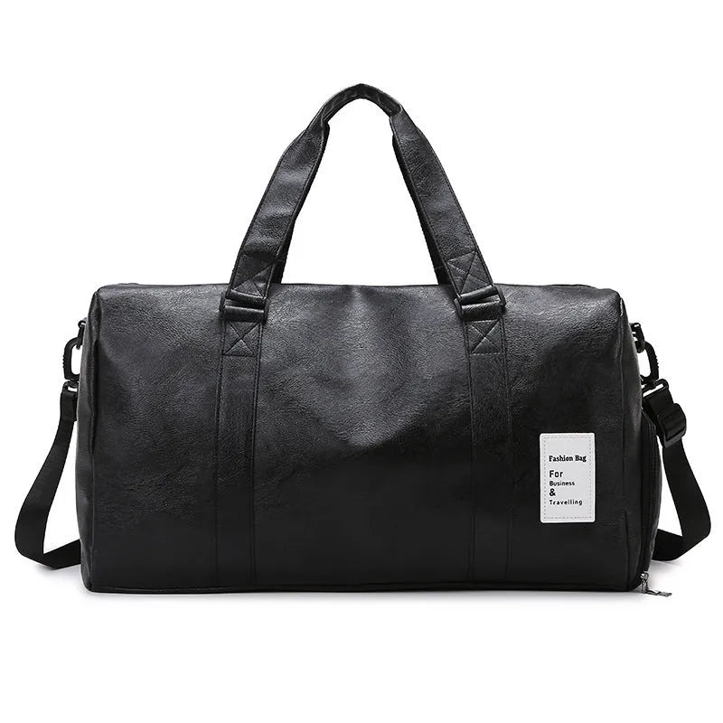 Black fitness shoulder messenger bag showing dry wet separation compartments, waterproof PU material, and adjustable shoulder strap
