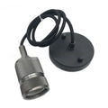 Components of a DIY retro ceiling light assembly kit in chrome finish, showing metal ceiling rose, braided cord, and lamp holder.