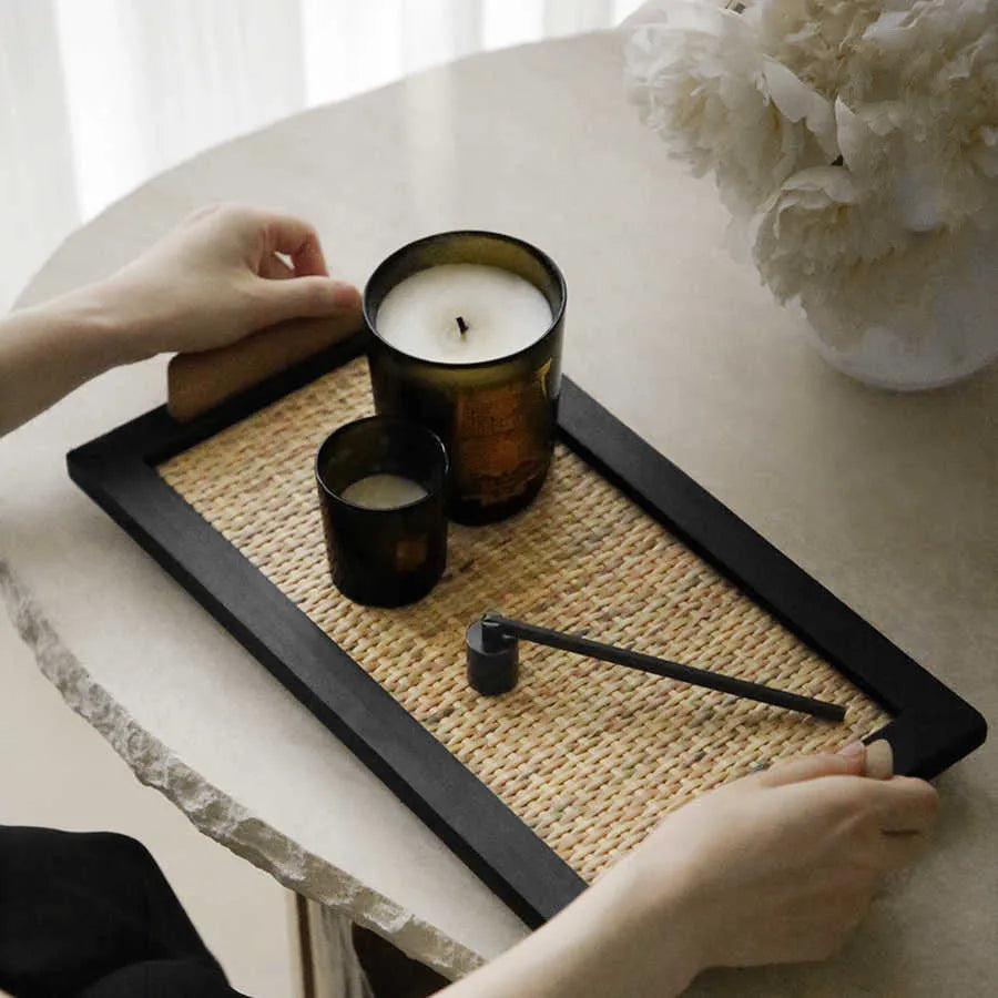Pine wood rectangular tea tray with integrated compartment for storage