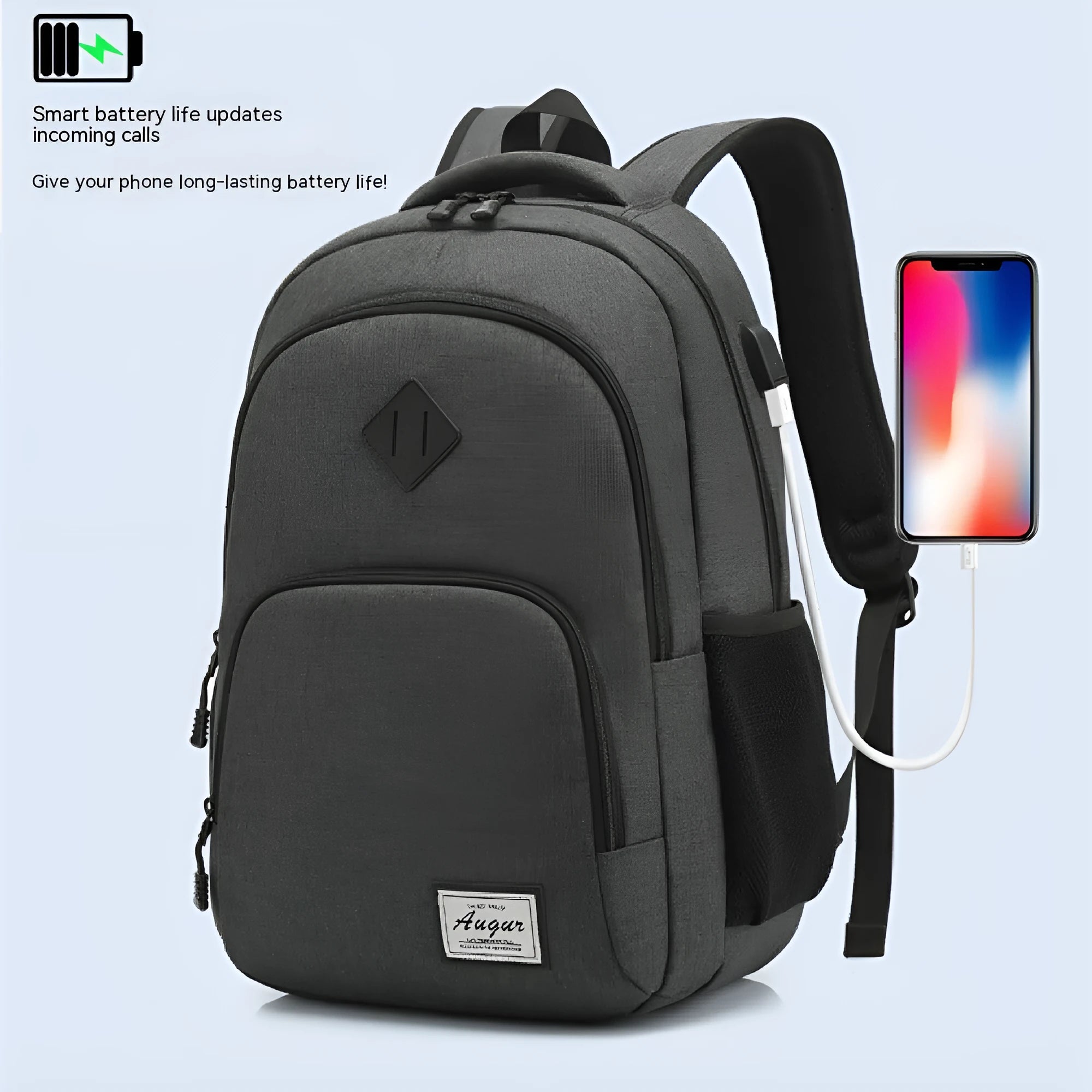 Simple grey and black nylon backpack with USB charging port on side strap.