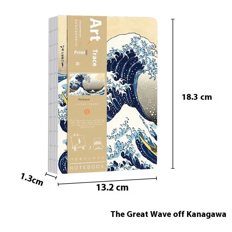 Ukiyo-e Kanagawa wave art cover hand ledger notebook open on a table.