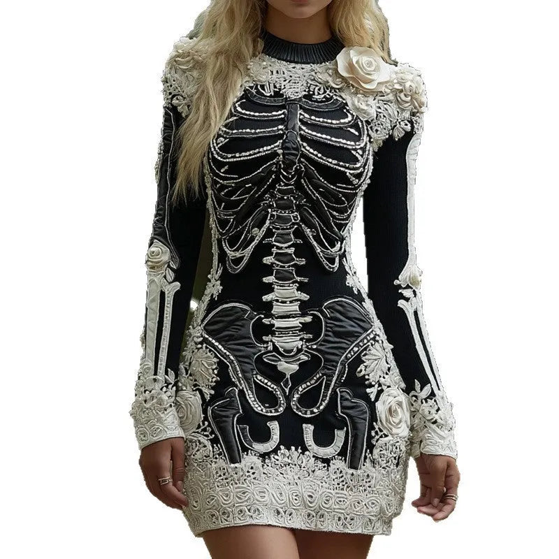 Halloween 3D printed long sleeve narrow dress in black polyester with v-neck and long skirt
