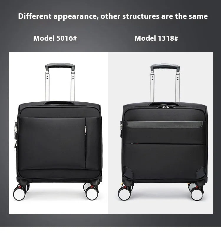 Black 18-inch Oxford cloth carry-on spinner suitcase with telescopic handle on airport carpet.