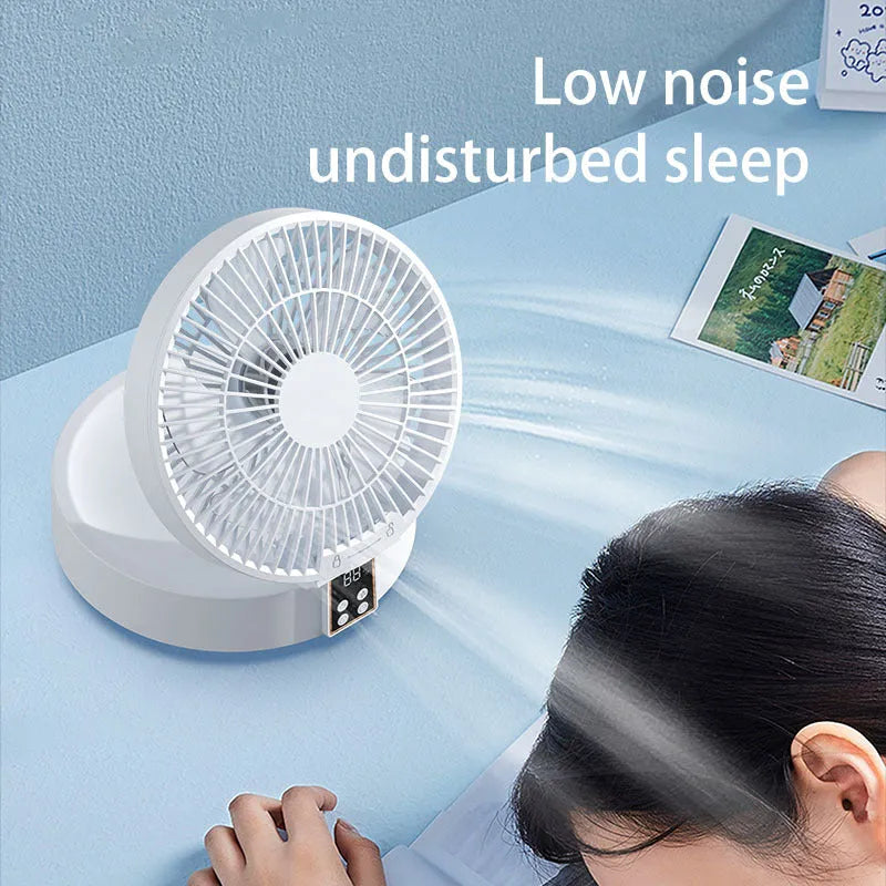 White portable folding fan with remote control showing 90° angle adjustment and detachable cover