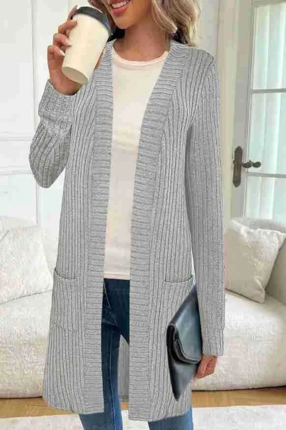 Long sleeve loose fit knitted cardigan jacket with pockets in black, wine red, or grey