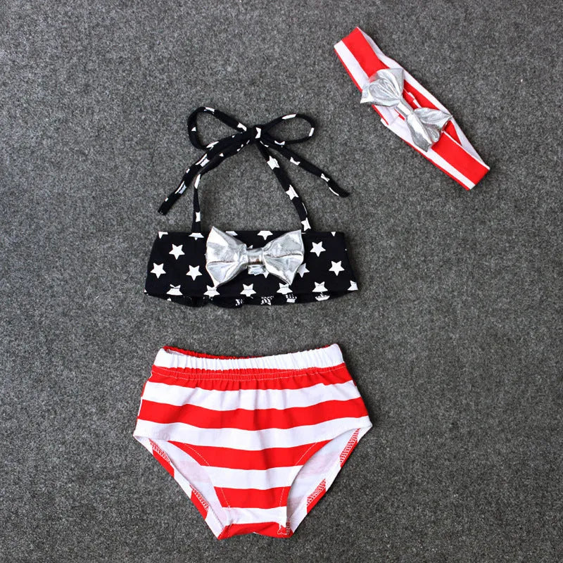 Girls XINGX bowknot three-piece swimsuit in milk silk fabric, colour CC00734, available in sizes 90-130 yards