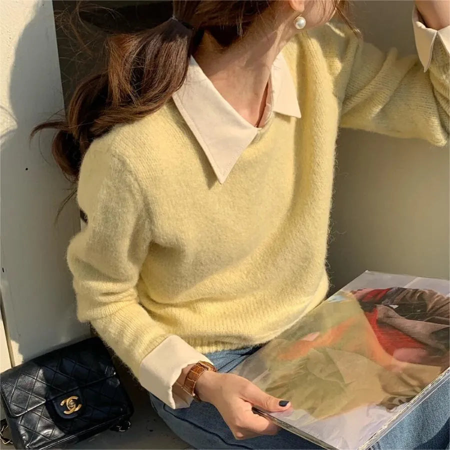 Women's loose knitwear top with contrast colour lapels in a choice of seven colours.