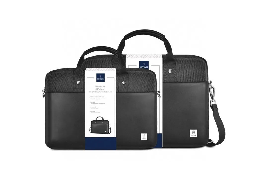 Black Oxford cloth laptop handbag with multiple pockets and compartments for a 14 or 15.6-inch computer.