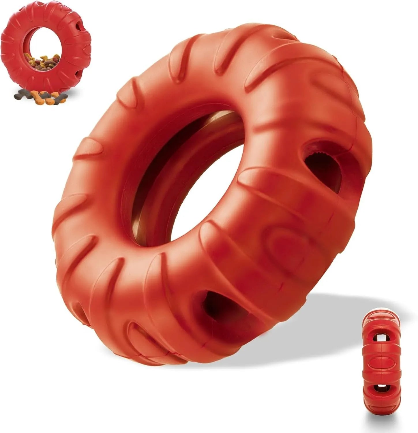 Blue, green, and red natural rubber tyre-shaped dog chew toy with oval openings for treat dispensing.