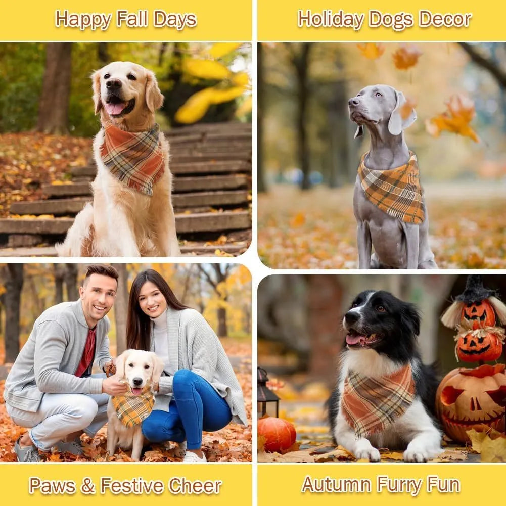 Plaid triangle dog bandana with tassels in autumn colours like orange and brown
